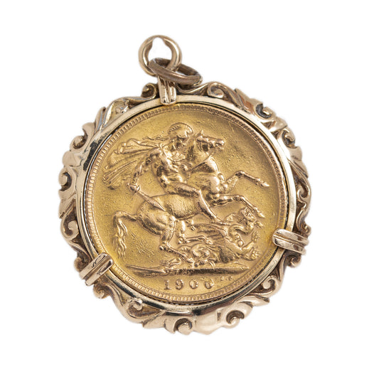 Antique Edwardian 22ct Gold Full Sovereign In Vintage 9ct Gold Pendant Mount (A1160)