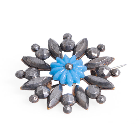 Antique Victorian Cut Steel Stud & Glass Gem Brooch English/French c.1850 (A1167)