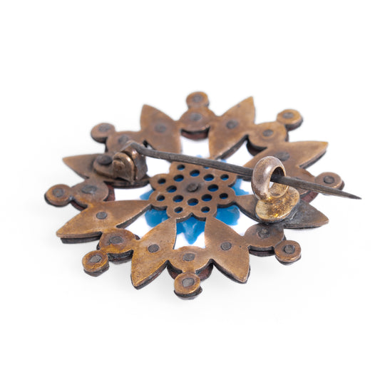 Antique Victorian Cut Steel Stud & Glass Gem Brooch English/French c.1850 (A1167)