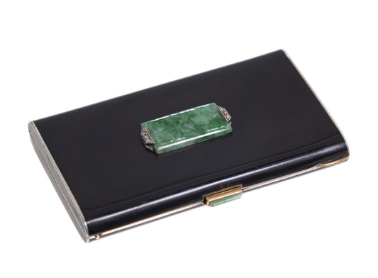 French Art Deco Silver, Enamel, Jade & Diamond Set Ladies Compact Case c.1920 (A1179)