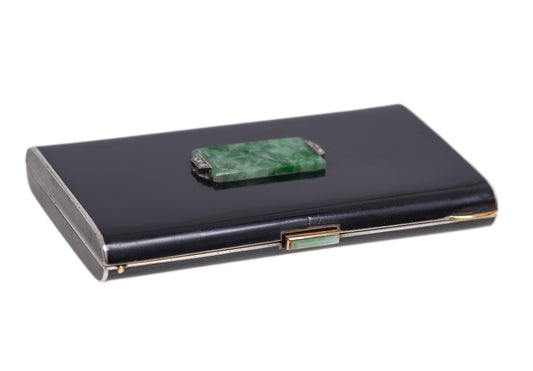 French Art Deco Silver, Enamel, Jade & Diamond Set Ladies Compact Case c.1920 (A1179)