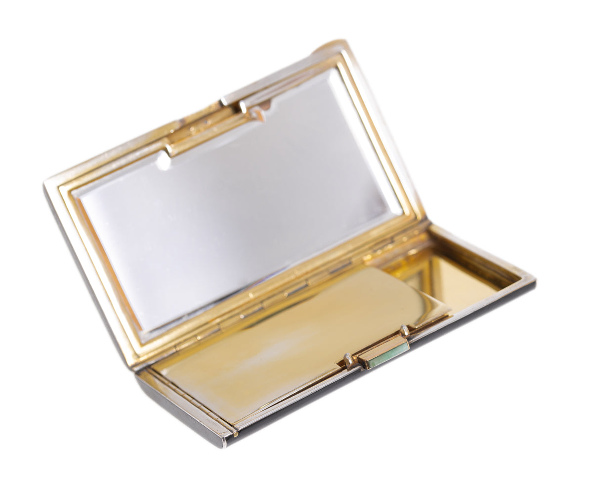 French Art Deco Silver, Enamel, Jade & Diamond Set Ladies Compact Case c.1920 (A1179)