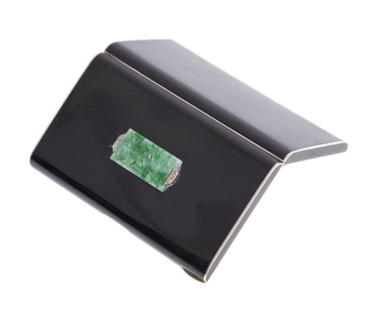 French Art Deco Silver, Enamel, Jade & Diamond Set Ladies Compact Case c.1920 (A1179)