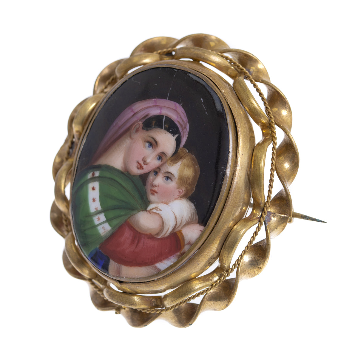 Antique Victorian Large Rotating Mourning Brooch With Hand Painted Porcelain Panel (A1183)
