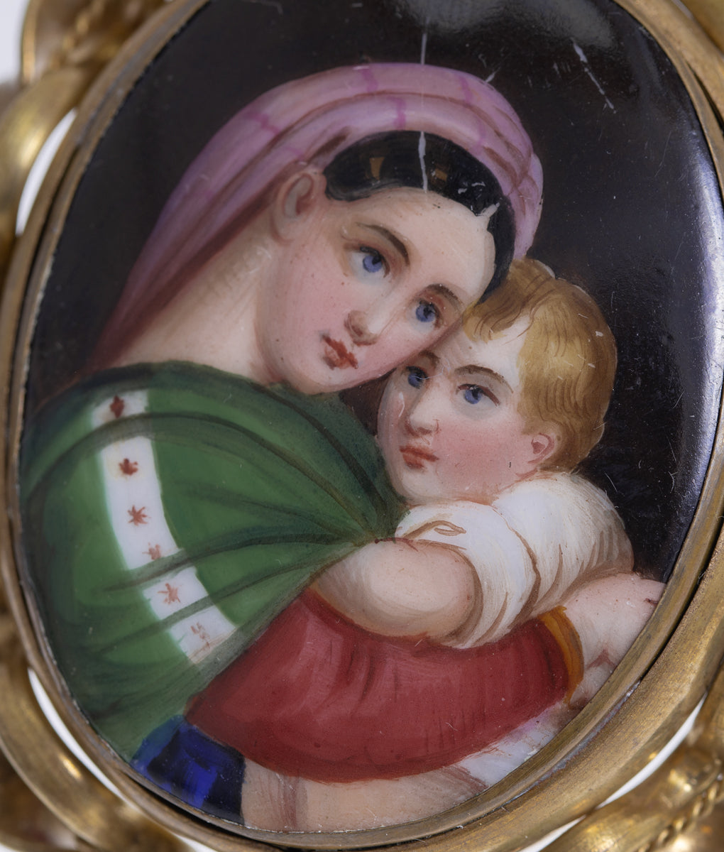 Antique Victorian Large Rotating Mourning Brooch With Hand Painted Porcelain Panel (A1183)