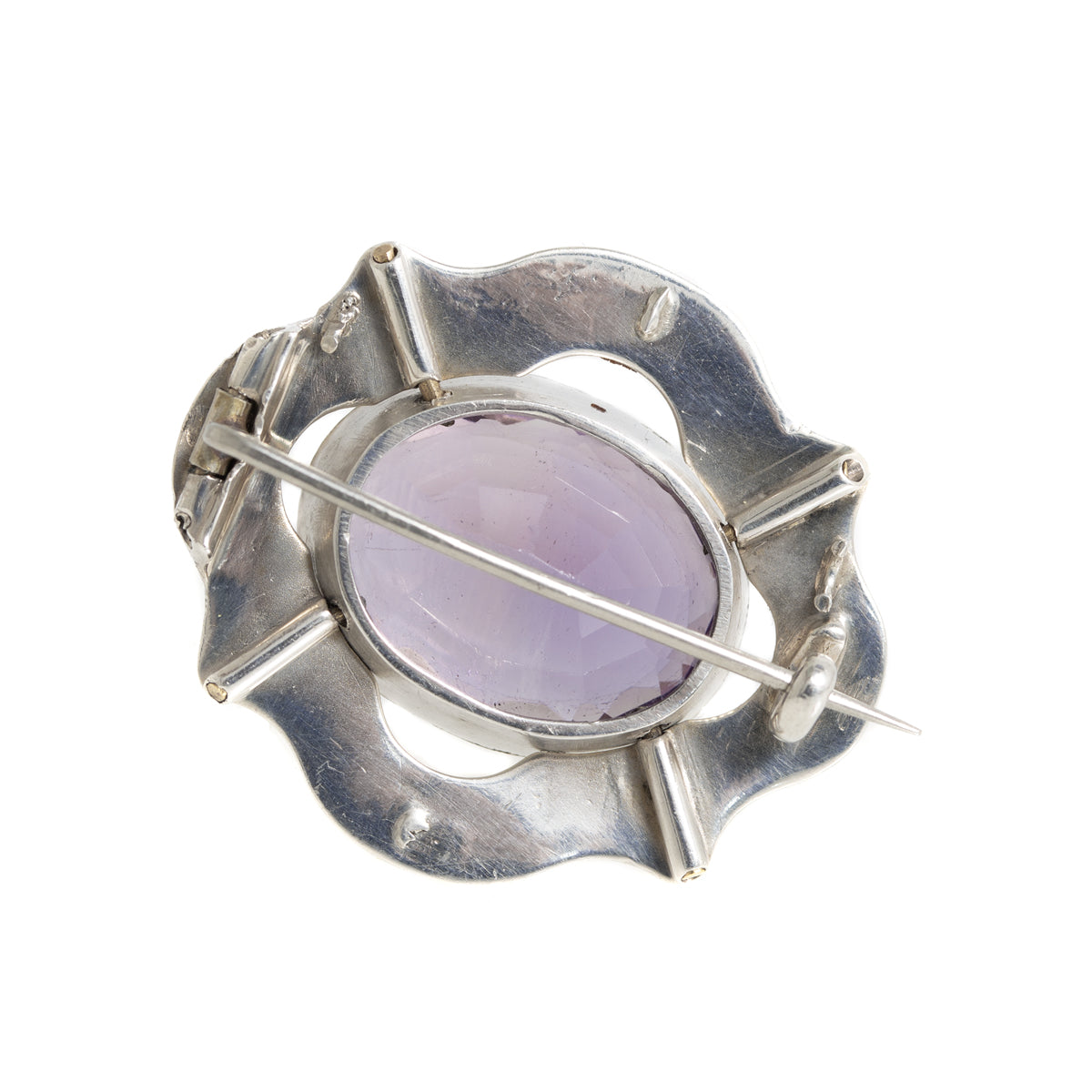 Antique Victorian Chased Silver & Large Natural Amethyst Brooch / Pin c.1860 (A1193)
