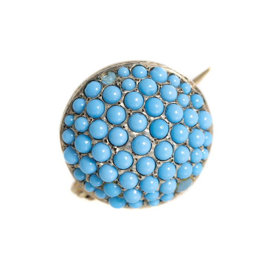 Antique Victorian Turquoise Cabochon Domed Pave Set Brooch / Pin In Silver Gilt (A1194)