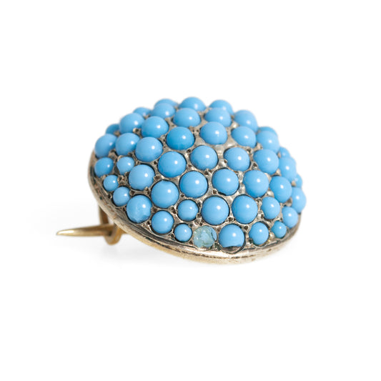 Antique Victorian Turquoise Cabochon Domed Pave Set Brooch / Pin In Silver Gilt (A1194)