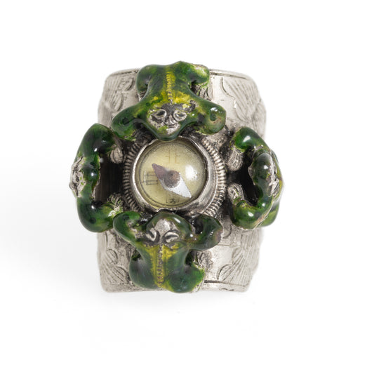 Vintage Chinese White Metal & Enamel Compass Ring With 4 Frogs Adjustable Size (A1199)