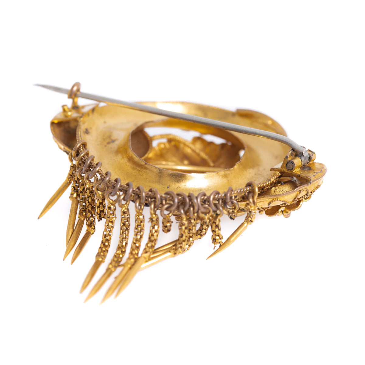 Early Victorian Gilt Metal & Amethyst Brooch/Pin - Articulated Detail & Droppers (A1206)