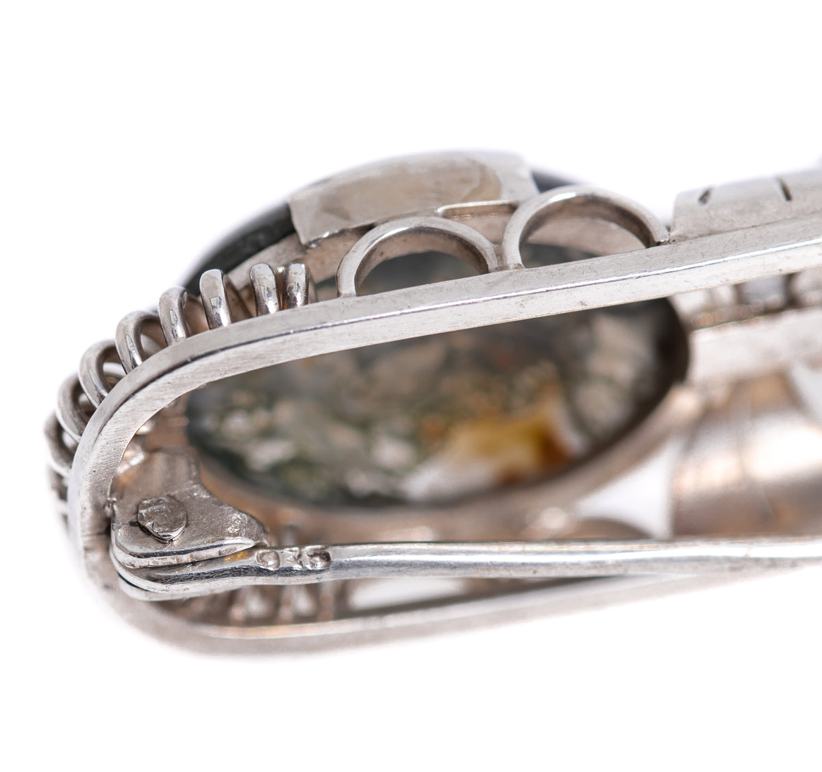 Antique Sterling Silver & Triple Moss Agate Cabochon Brooch / Pin c.1930 (A1211)