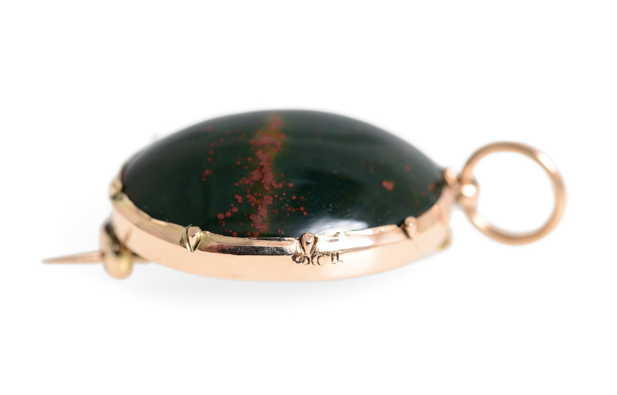 Antique Victorian 9ct Gold & Polished Bloodstone Cabochon Brooch/Pin/Pendant (A1215)