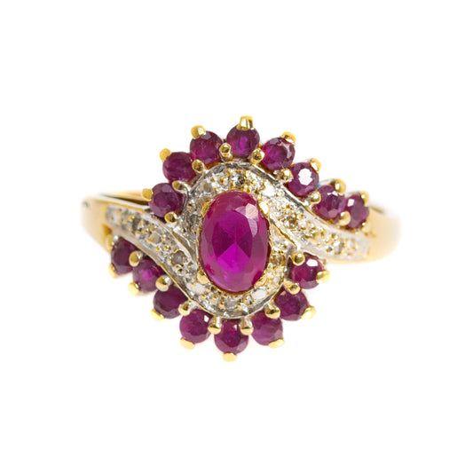 Vintage 9ct Gold Ruby & Diamond Cocktail Ring Art Deco Design Ladies Size P (A1232)