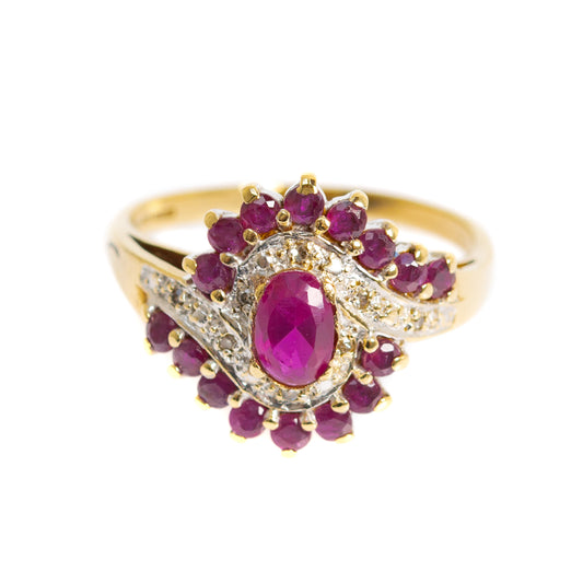 Vintage 9ct Gold Ruby & Diamond Cocktail Ring Art Deco Design Ladies Size P (A1232)
