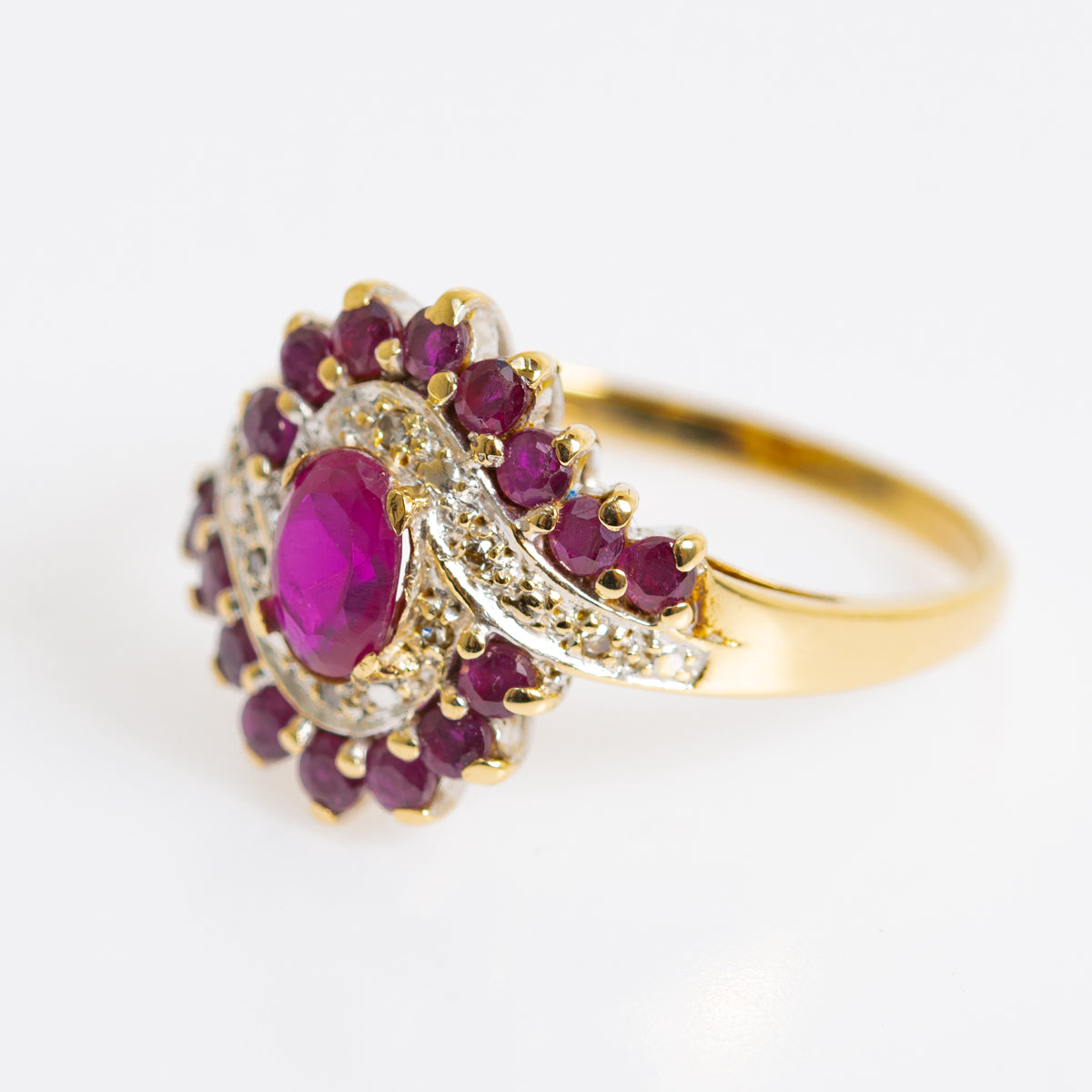 Vintage 9ct Gold Ruby & Diamond Cocktail Ring Art Deco Design Ladies Size P (A1232)