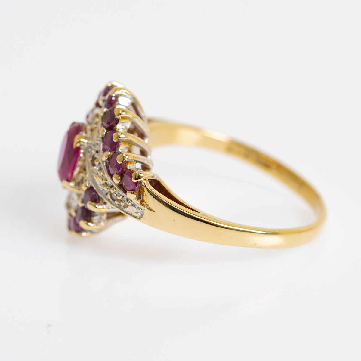 Vintage 9ct Gold Ruby & Diamond Cocktail Ring Art Deco Design Ladies Size P (A1232)