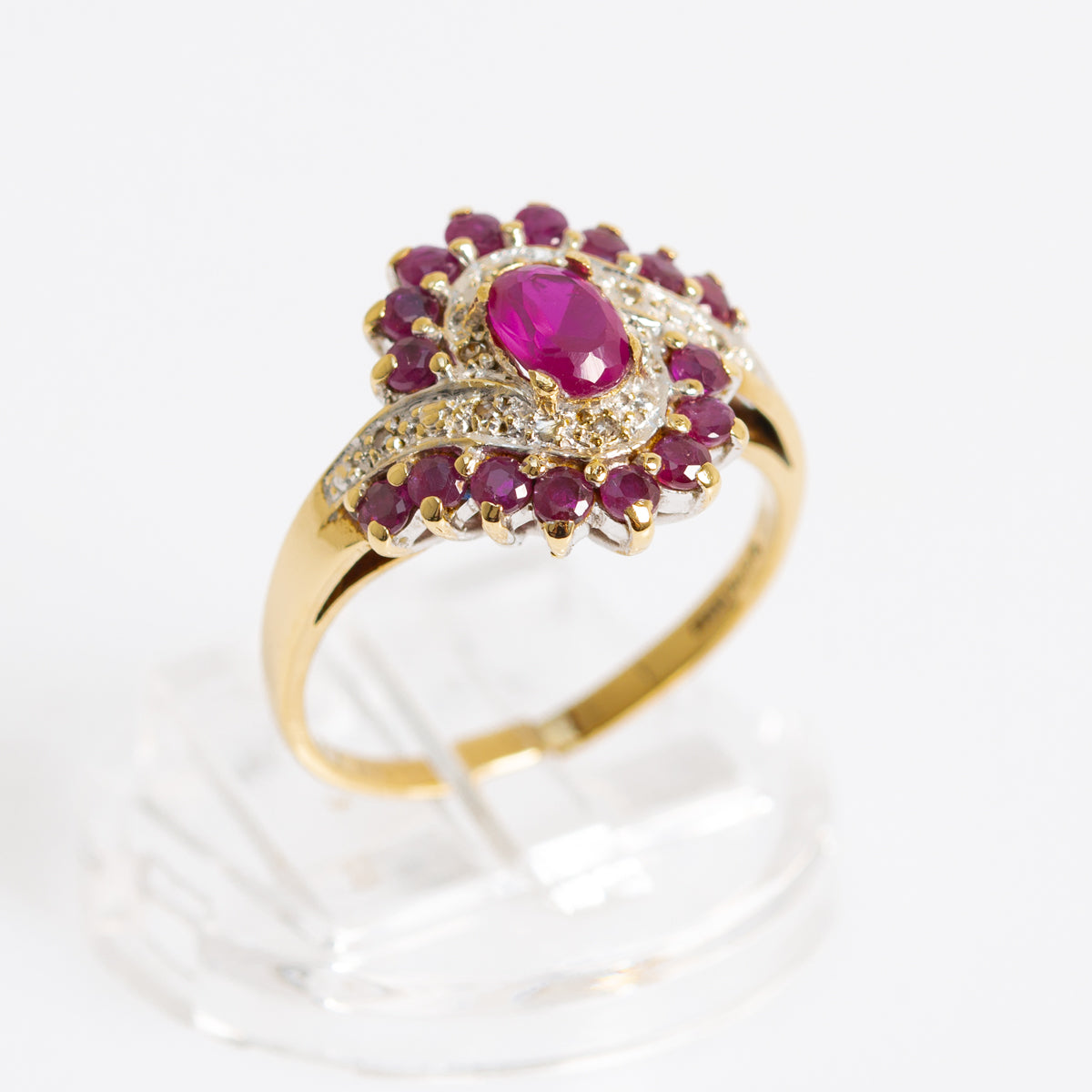 Vintage 9ct Gold Ruby & Diamond Cocktail Ring Art Deco Design Ladies Size P (A1232)
