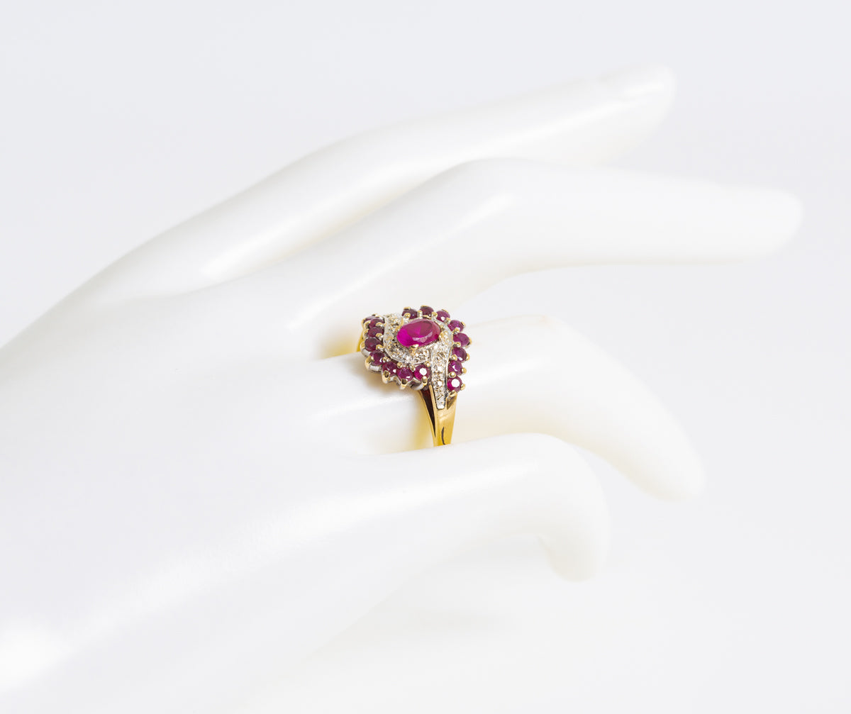 Vintage 9ct Gold Ruby & Diamond Cocktail Ring Art Deco Design Ladies Size P (A1232)