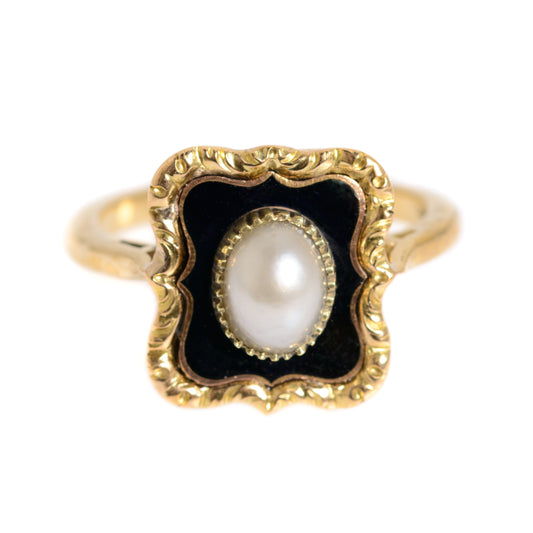 Antique 18ct Gold Split Pearl & Enamel Ladies Mourning Ring c.1900 (A1248)