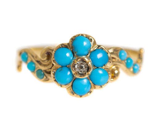 Antique Victorian 18ct Gold Turquoise & Mine Cut Diamond Daisy Ring c1880 (A1253)