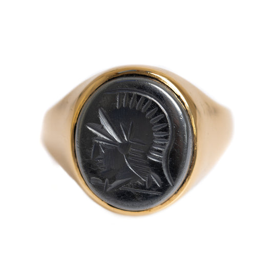 Vintage 9ct Gold Signet Ring With Intaglio Carved Centurion Head Hematite Stone (A1260)