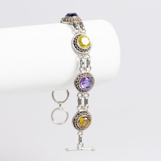 Vintage Sterling Silver & Multi Coloured Crystal Glass Gem Bracelet Hand Made (A1265)