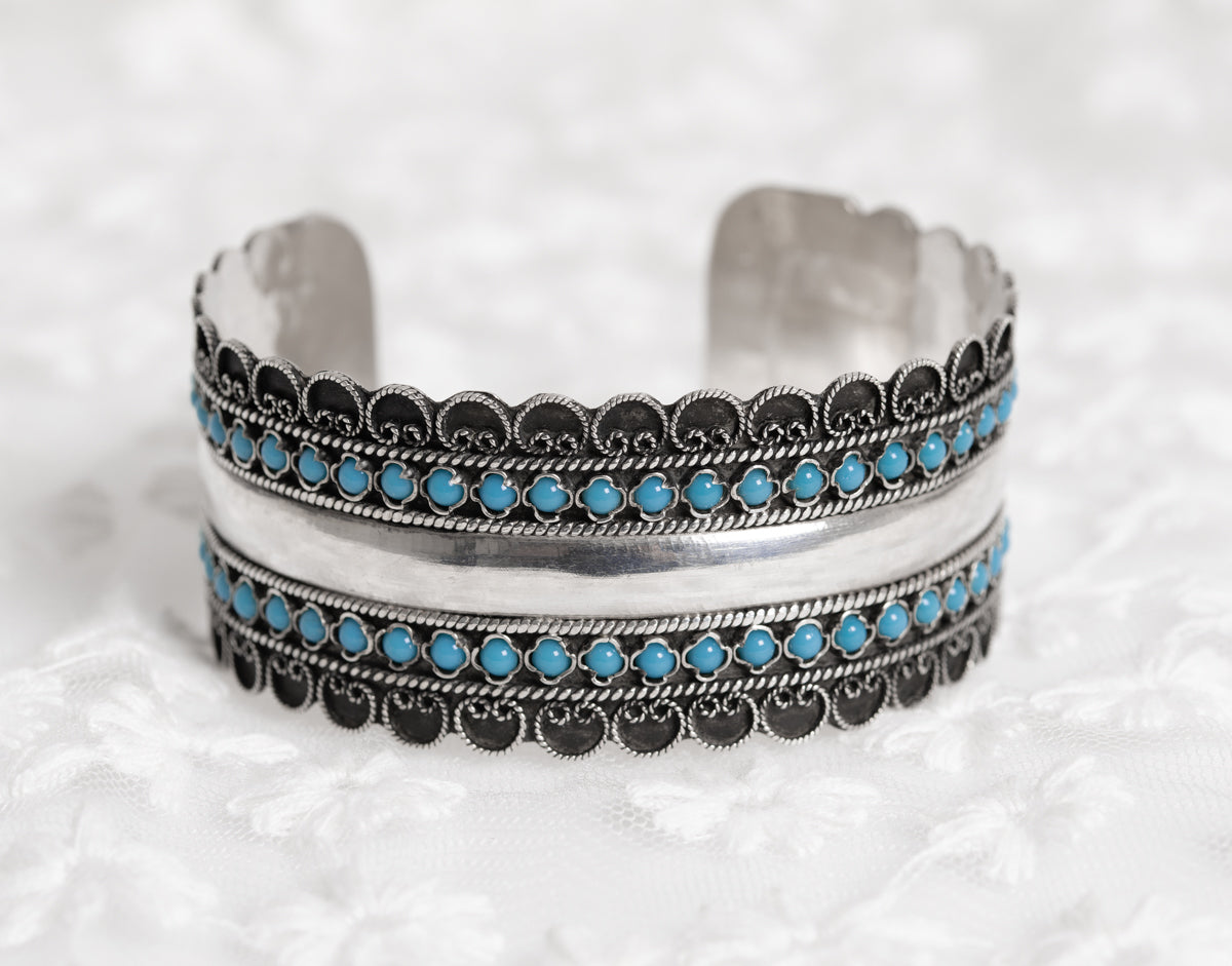 Vintage Indian/Eastern Pure Silver & Turquoise Cabochon Bangle Bracelet (A1277)