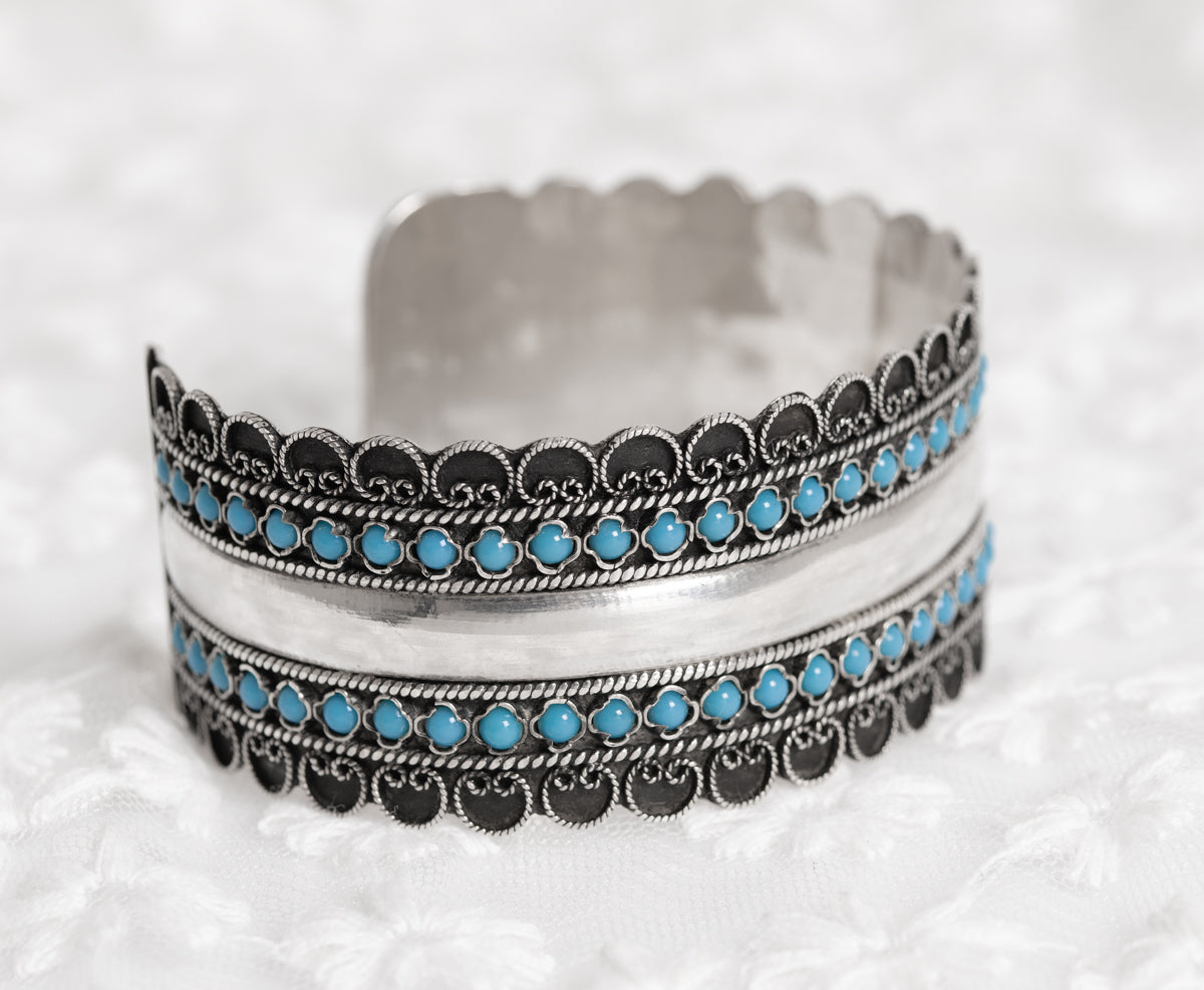 Vintage Indian/Eastern Pure Silver & Turquoise Cabochon Bangle Bracelet (A1277)
