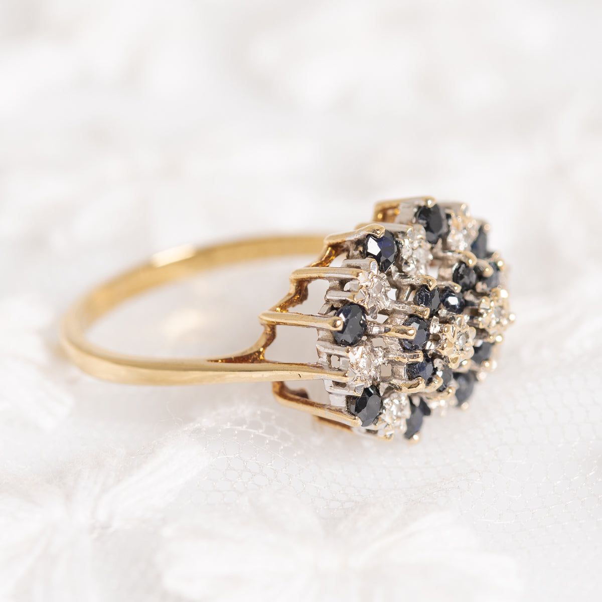 Vintage 9ct Gold Natural Sapphire & Diamond Double Cluster Dress Ring UK Size N1/2 (A1286)