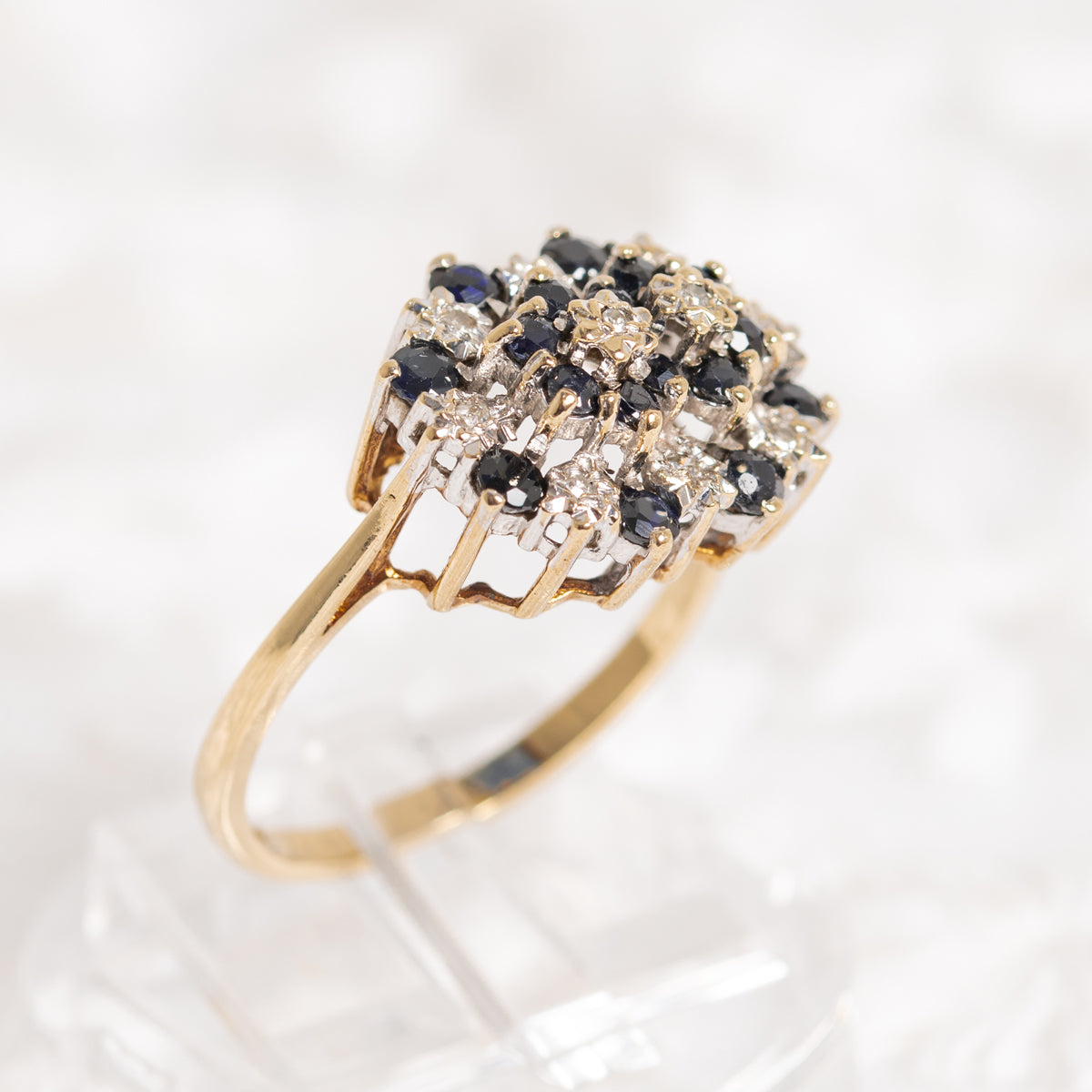 Vintage 9ct Gold Natural Sapphire & Diamond Double Cluster Dress Ring UK Size N1/2 (A1286)