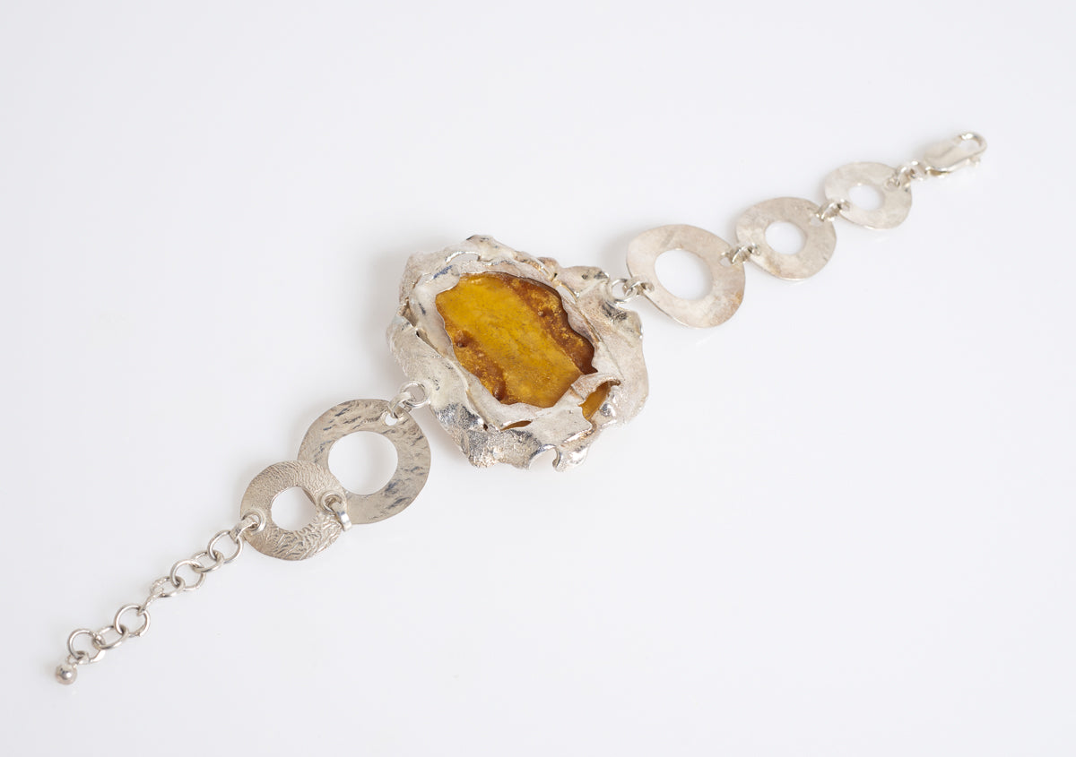 Hand Made Large Sterling Silver & Egg Yolk Amber Statement Bracelet Polish Hallmark (A1295)