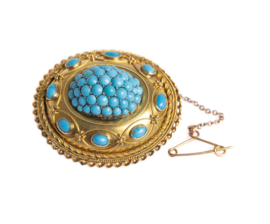 Antique Victorian 15ct Gold & Turquoise Cluster Etruscan Revival Brooch/Pin (A1308)