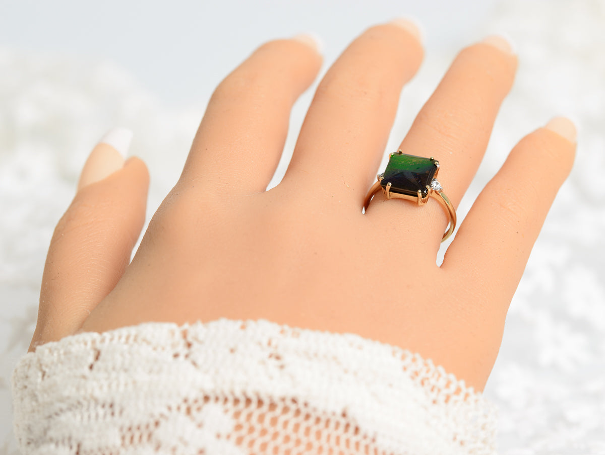 9ct 9k Gold Ring With Rainbow Ammolite & Rock Crystal Quartz Gemstones UK Size N (A1327)