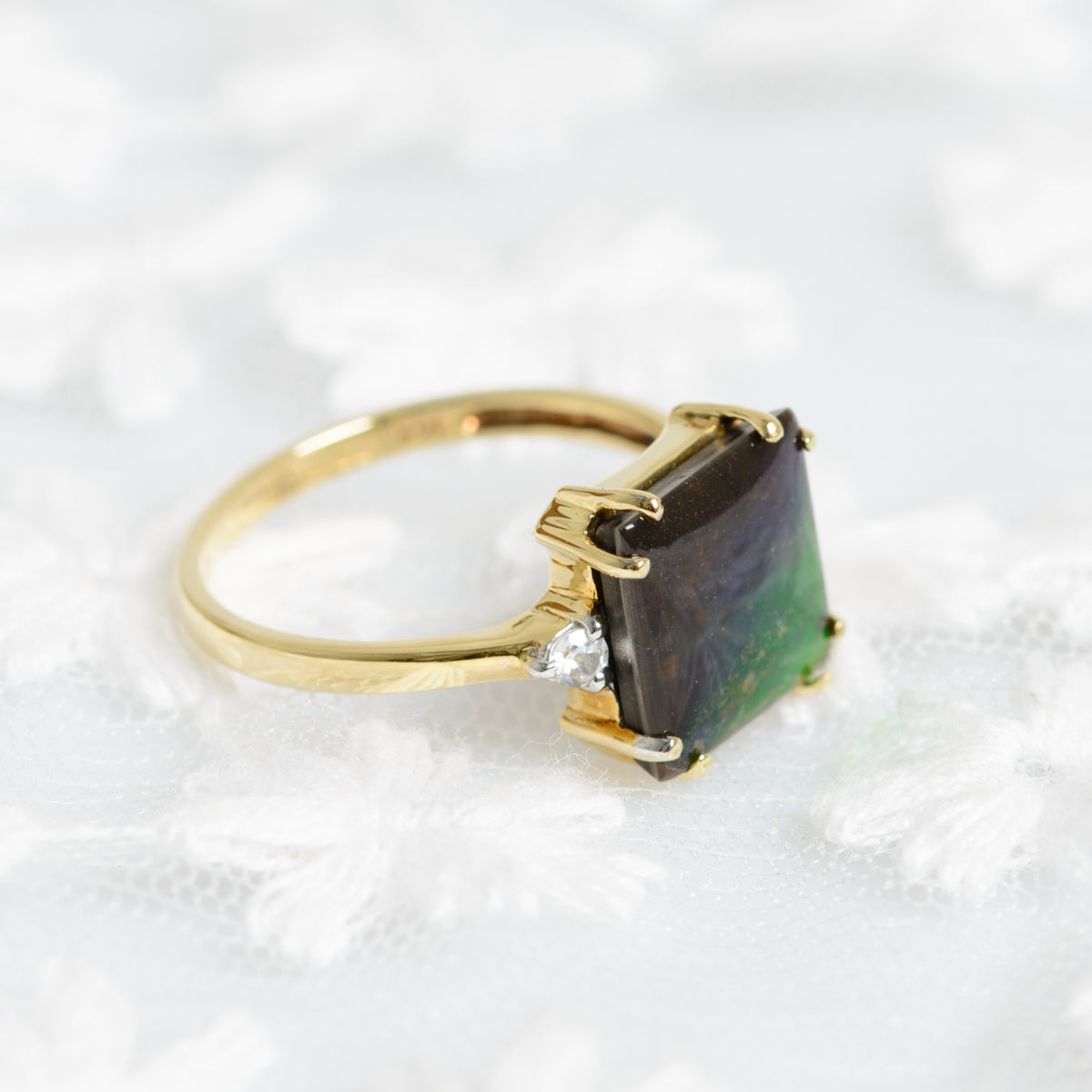 9ct 9k Gold Ring With Rainbow Ammolite & Rock Crystal Quartz Gemstones UK Size N (A1327)