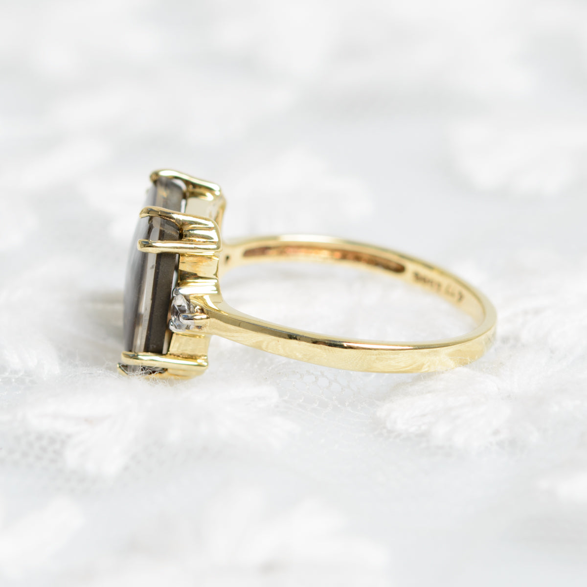 9ct 9k Gold Ring With Rainbow Ammolite & Rock Crystal Quartz Gemstones UK Size N (A1327)