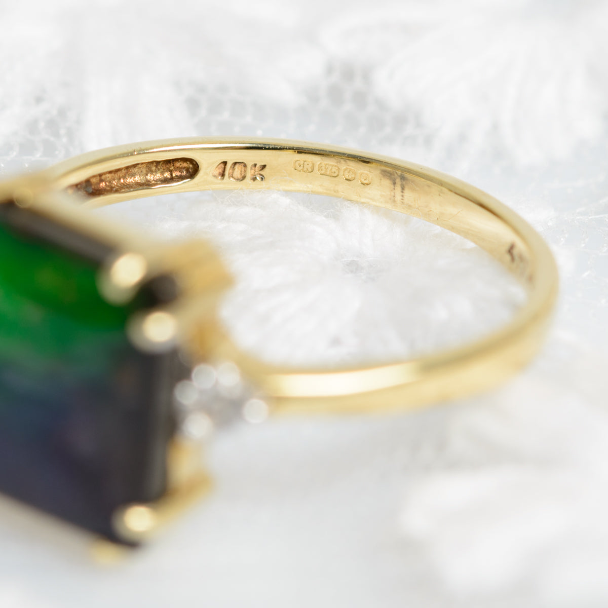 9ct 9k Gold Ring With Rainbow Ammolite & Rock Crystal Quartz Gemstones UK Size N (A1327)