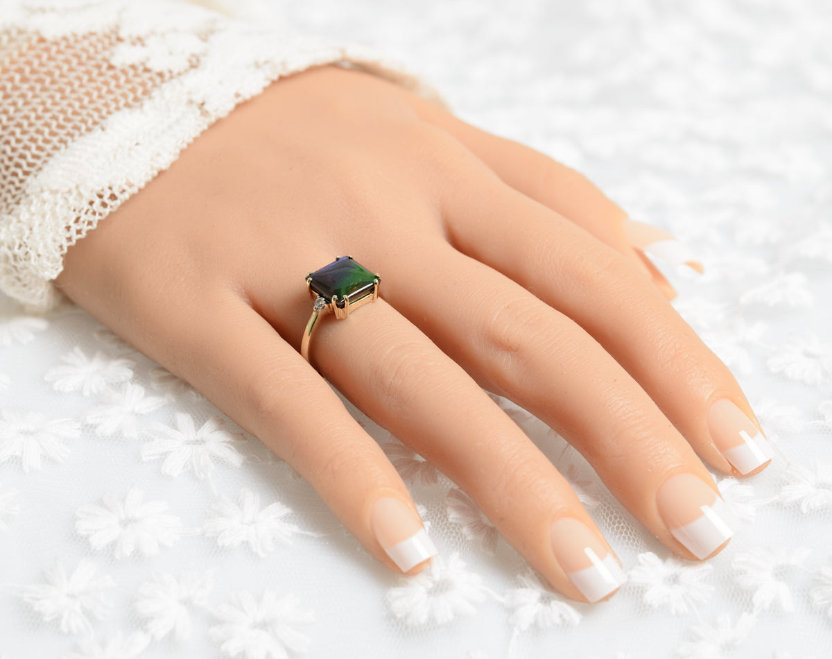 9ct 9k Gold Ring With Rainbow Ammolite & Rock Crystal Quartz Gemstones UK Size N (A1327)