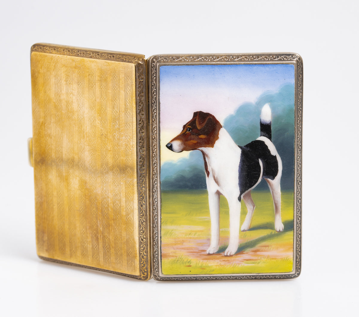 Art Deco Hand Painted Enamel Terrier Dog Cigarette Case Gold Cased (A1338)