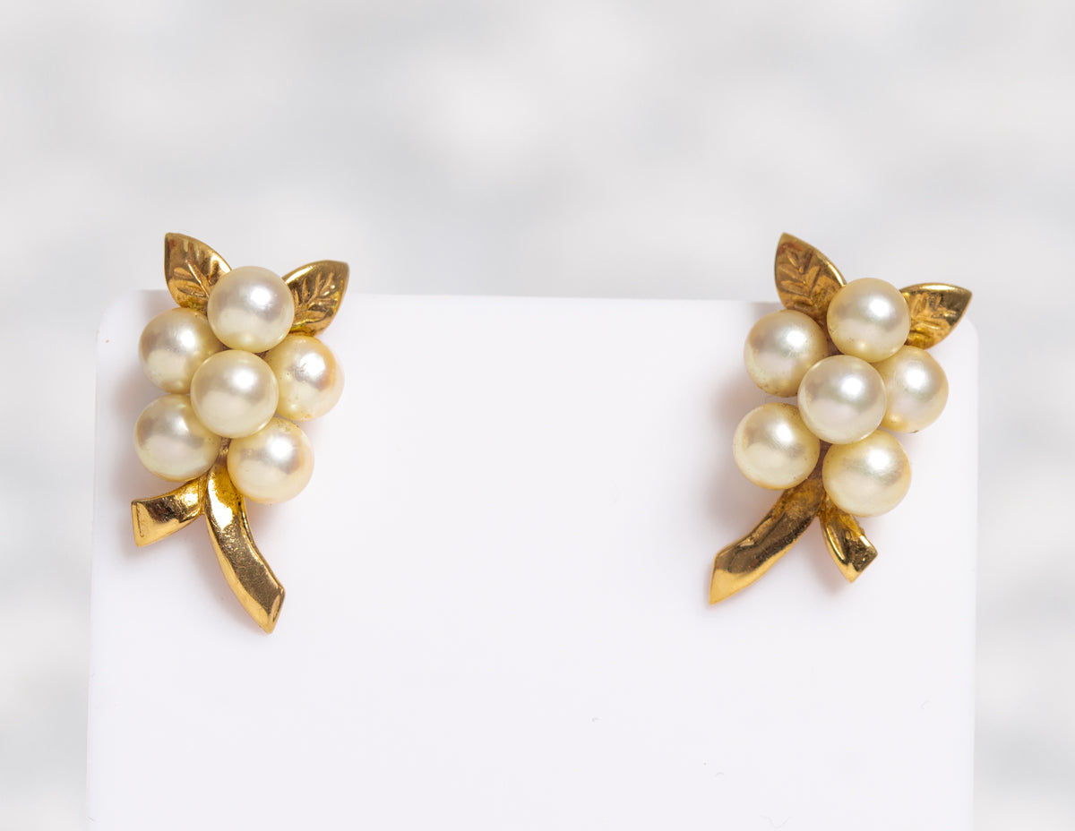 Pair Vintage 9ct 9k Yellow Gold & Cultured Pearl Cluster Earrings (A1340)