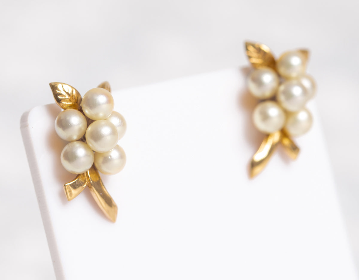 Pair Vintage 9ct 9k Yellow Gold & Cultured Pearl Cluster Earrings (A1340)