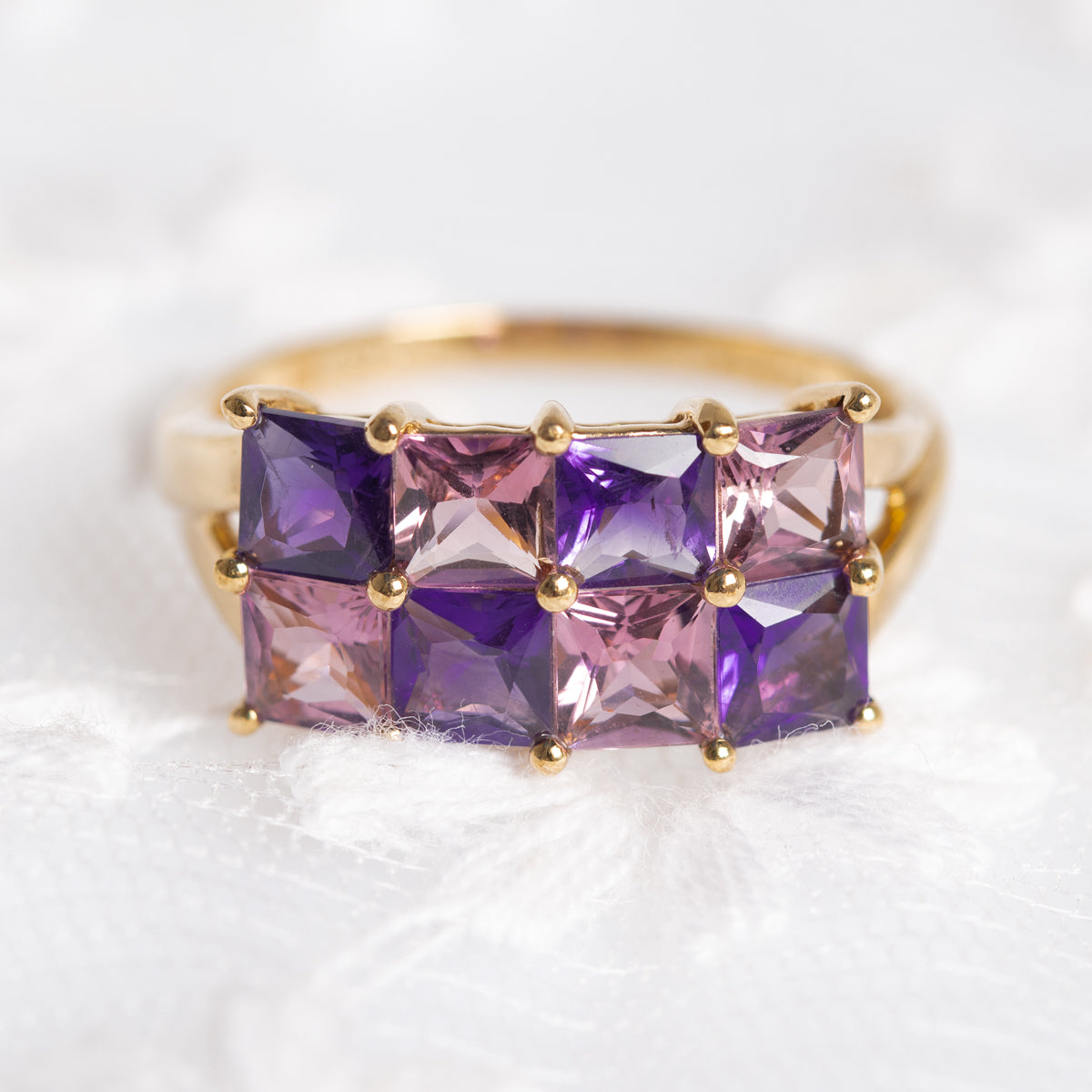 Amethyst & Pink Tourmaline Gemstone Gold Ring In 9ct Yellow Gold Hallmark 2007 (A1378)