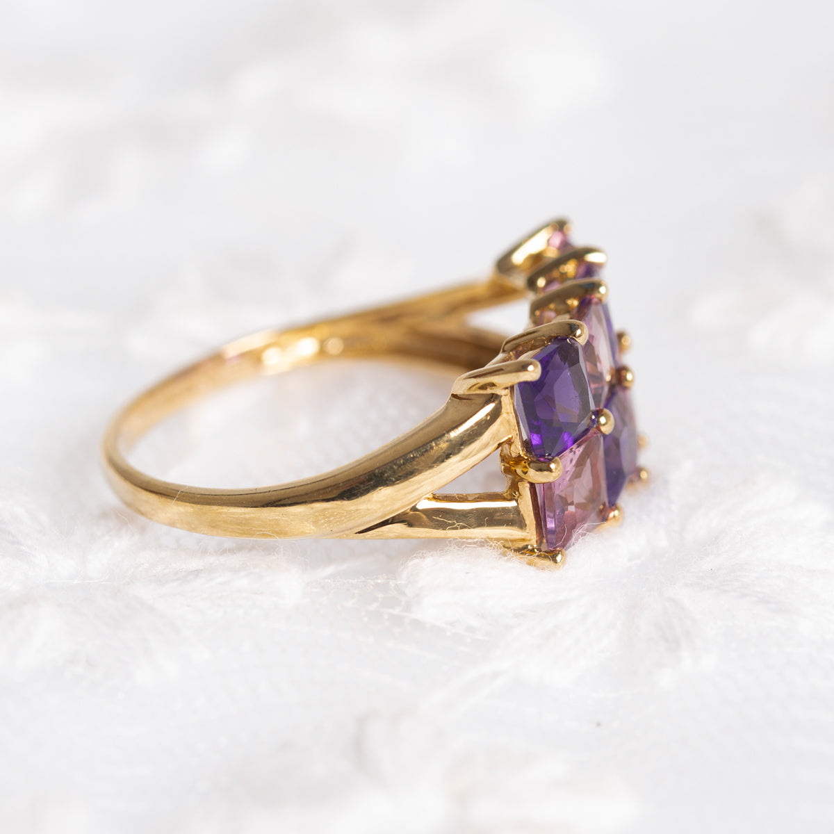 Amethyst & Pink Tourmaline Gemstone Gold Ring In 9ct Yellow Gold Hallmark 2007 (A1378)