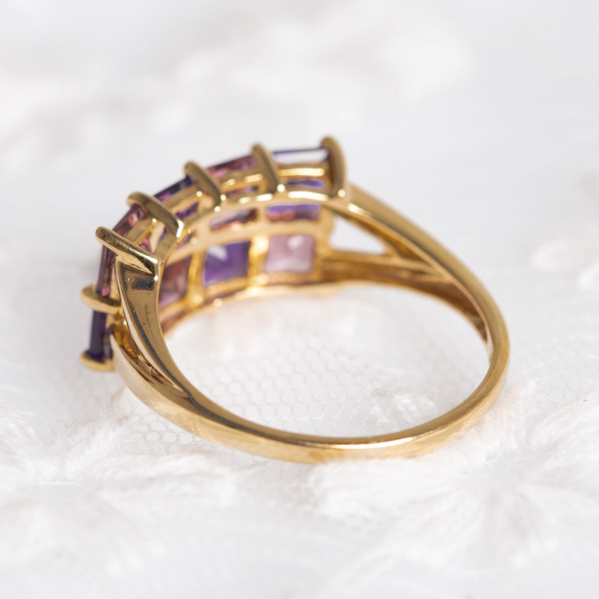 Amethyst & Pink Tourmaline Gemstone Gold Ring In 9ct Yellow Gold Hallmark 2007 (A1378)