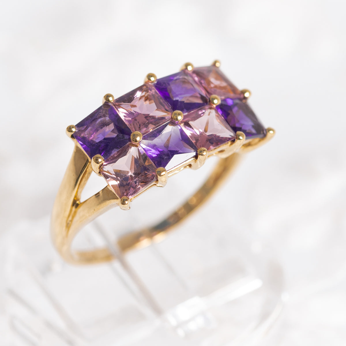 Amethyst & Pink Tourmaline Gemstone Gold Ring In 9ct Yellow Gold Hallmark 2007 (A1378)