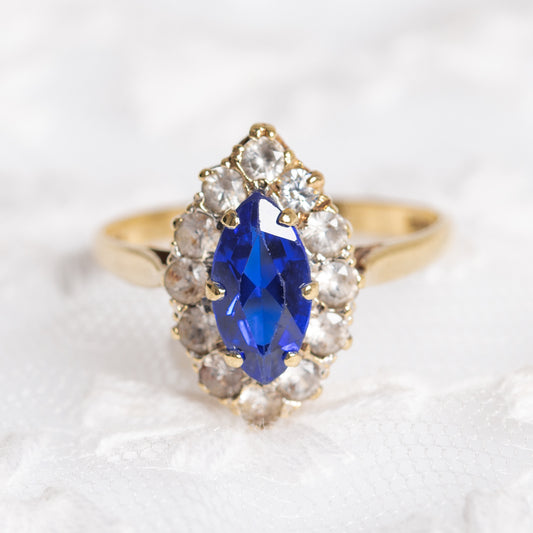 9ct Gold Marquise Gemstone Ring With Royal Blue Spinel & Clear Gem Halo Vintage (A1381)
