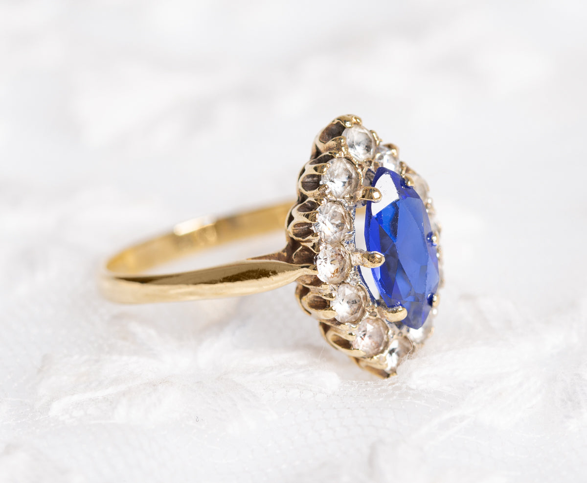 9ct Gold Marquise Gemstone Ring With Royal Blue Spinel & Clear Gem Halo Vintage (A1381)