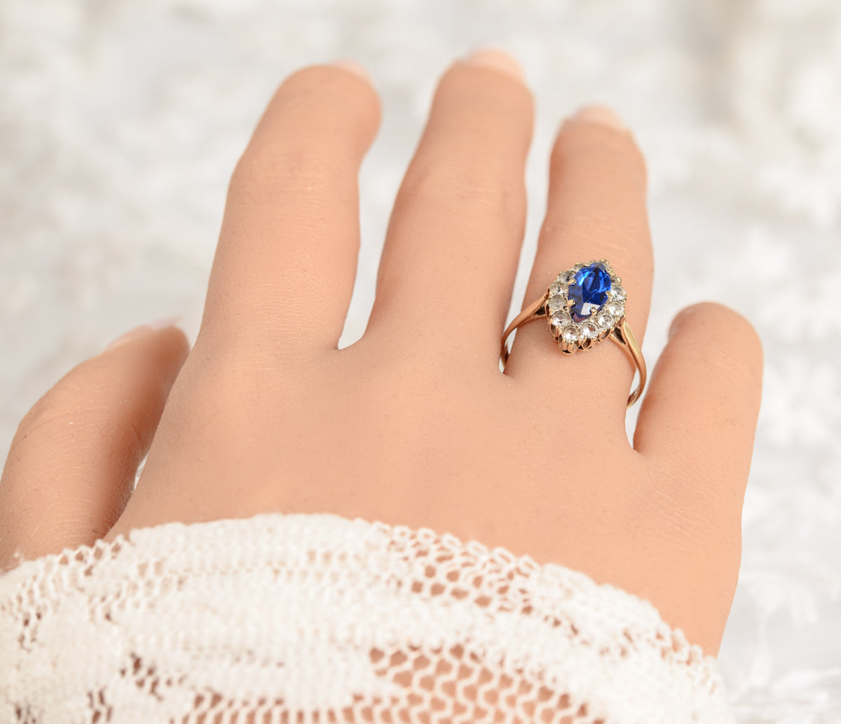 9ct Gold Marquise Gemstone Ring With Royal Blue Spinel & Clear Gem Halo Vintage (A1381)