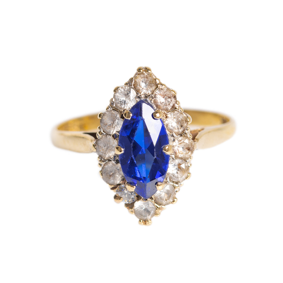 9ct Gold Marquise Gemstone Ring With Royal Blue Spinel & Clear Gem Halo Vintage (A1381)