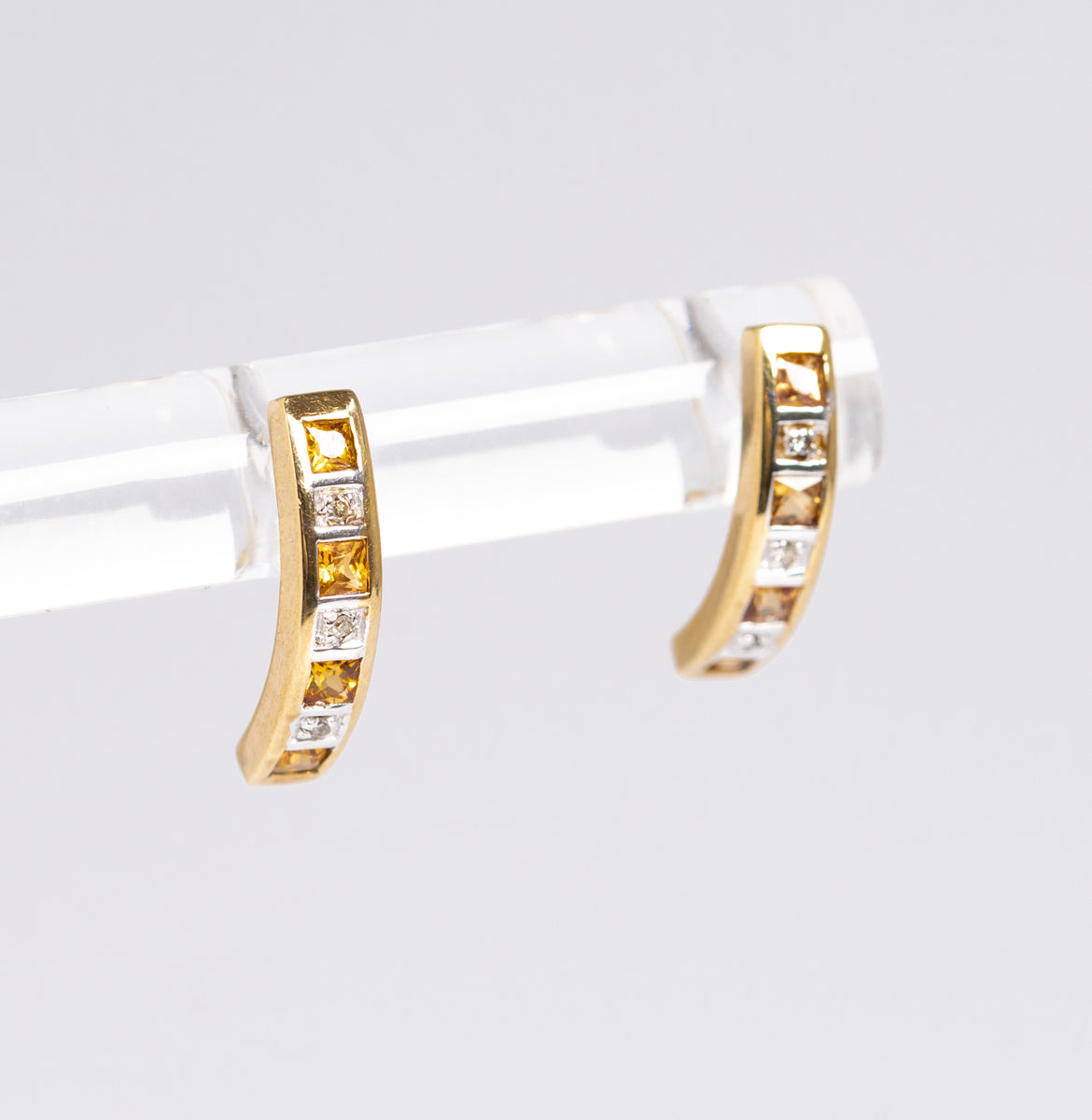 Citrine & Diamond Gemstone Pair Earrings In 9ct Gold Arc Shape Hallmarked 2006 (A1388)