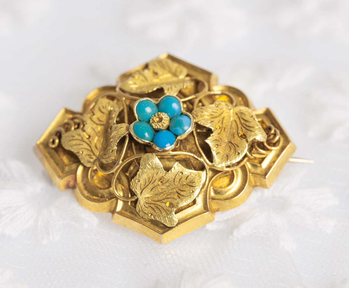 Antique Victorian 18ct Gold & Turquoise Sweetheart / Remembrance Brooch / Pin (A1393)